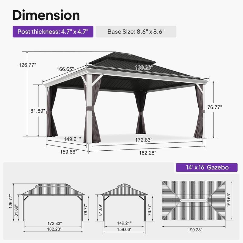 PURPLE LEAF Patio Hardtop Gazebo Pro for Outdoor Grey Galvanized Steel Double Roof White Aluminum Poles