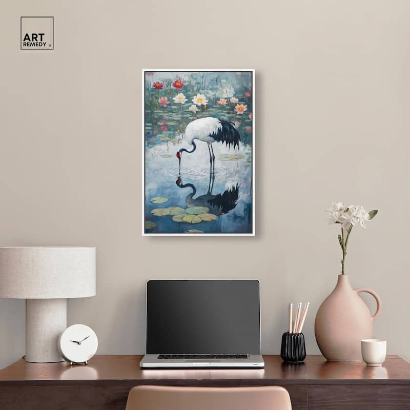 Crane in Lilies Canvas by Art Remedy