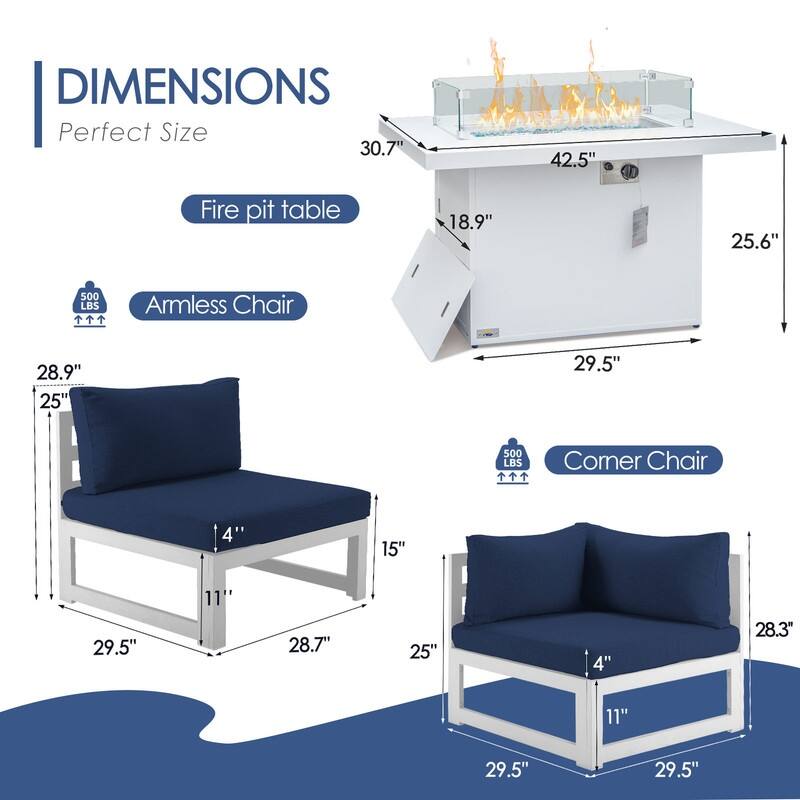 FINCATI Modern 7 Piece White Aluminum Outdoor Furniture Set with Propane/Natural Gas Firepit Table