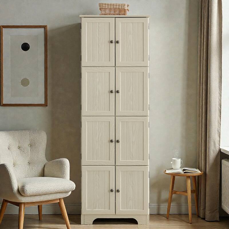 72.4 in Tall Storage Cabinet with 8 Doors and 4 Shelves, Freestanding Bookshelf Pantry Cabinet for Living Room - White
