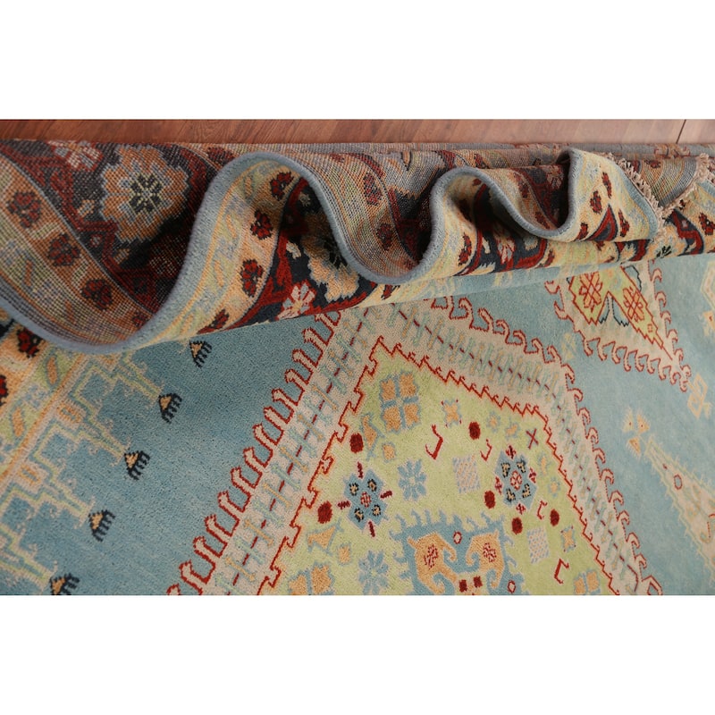 Light Blue Geometric Viss Oriental Large Rug Handmade Wool Carpet - 9'9" x 13'9"