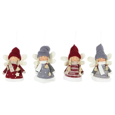 Plush Angel Girl Hanging Christmas Ornaments - 4.25" - Red and Gray - Set of 4