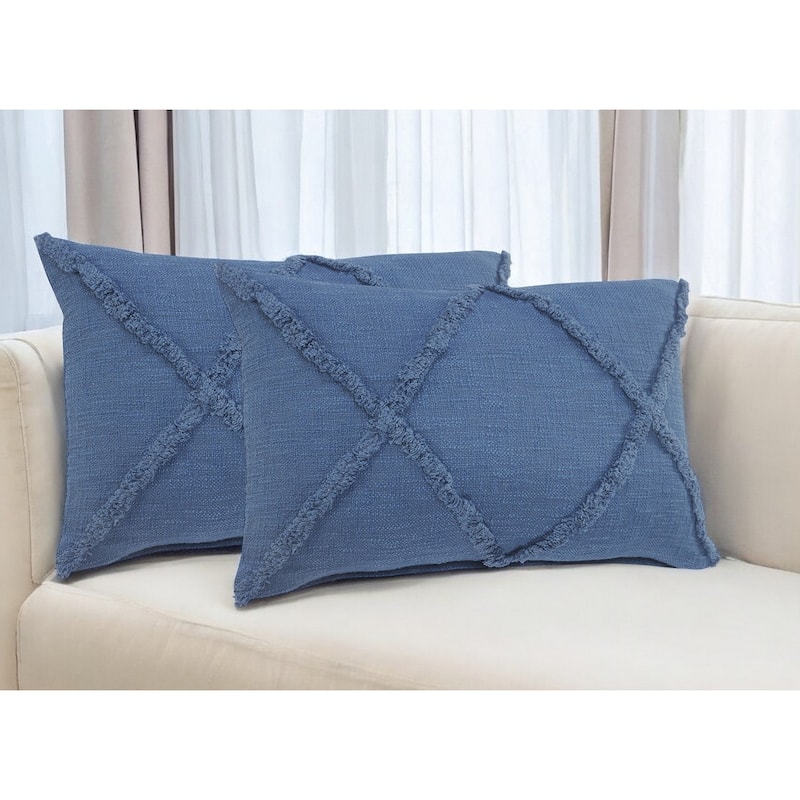 Set of Two 16" X 24" Blue Diamond Cotton Lumbar Throw Pillow With Fringe - Blue