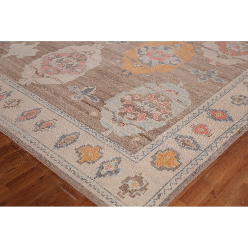 Hand Knotted Oriental 100% Wool Carpet Transitional Geometric Brown Oushak Area Rug - 12' 6'' X 8' 11''