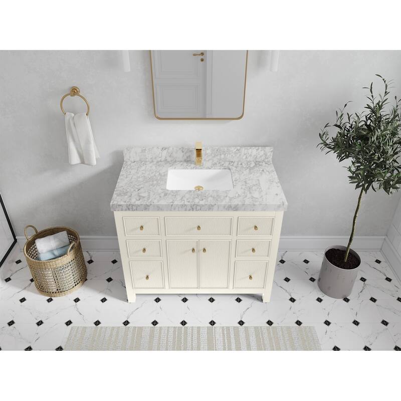 Willow Collections 42 in W x 22 in D Sonoma Free Standing Reeded Single Sink Bathroom Vanity with Countertop - 2”Carrara Marble - Ivory