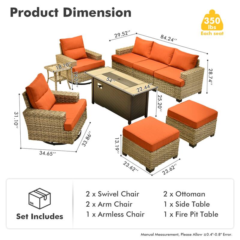 OVIOS 9-Piece T shaped Seat 54" Fire Table Swivel Chair Patio Conversation Set