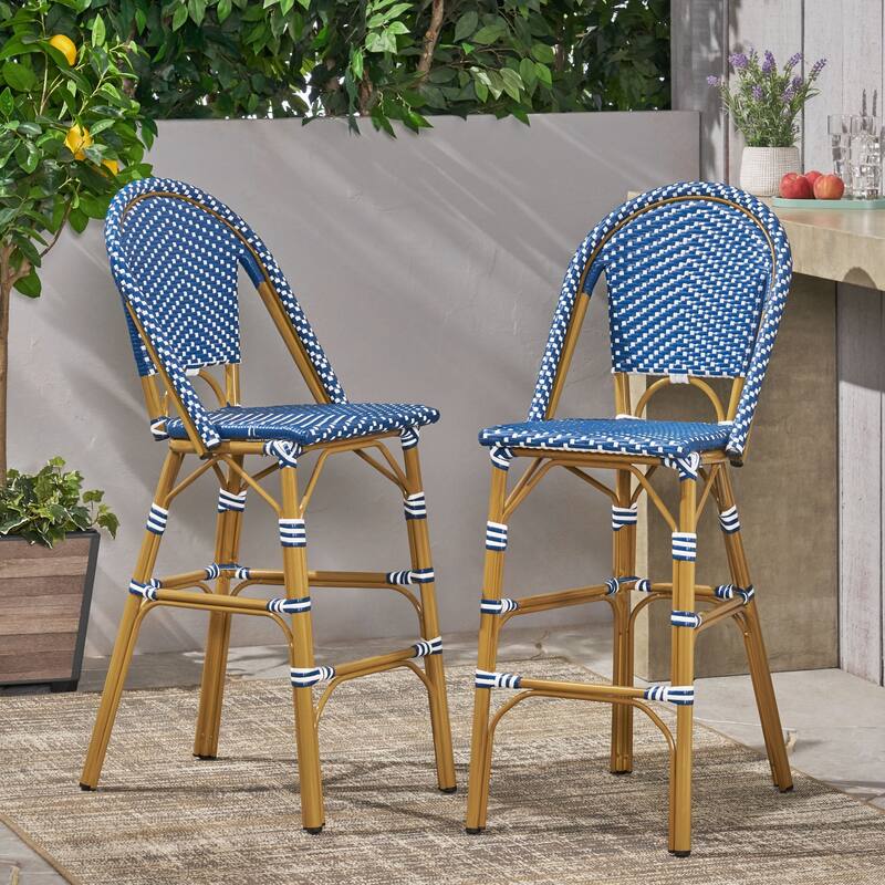 Kinner Outdoor French Barstools (Set of 2) by Christopher Knight Home - Dark Teal + White + Bamboo Print Finish