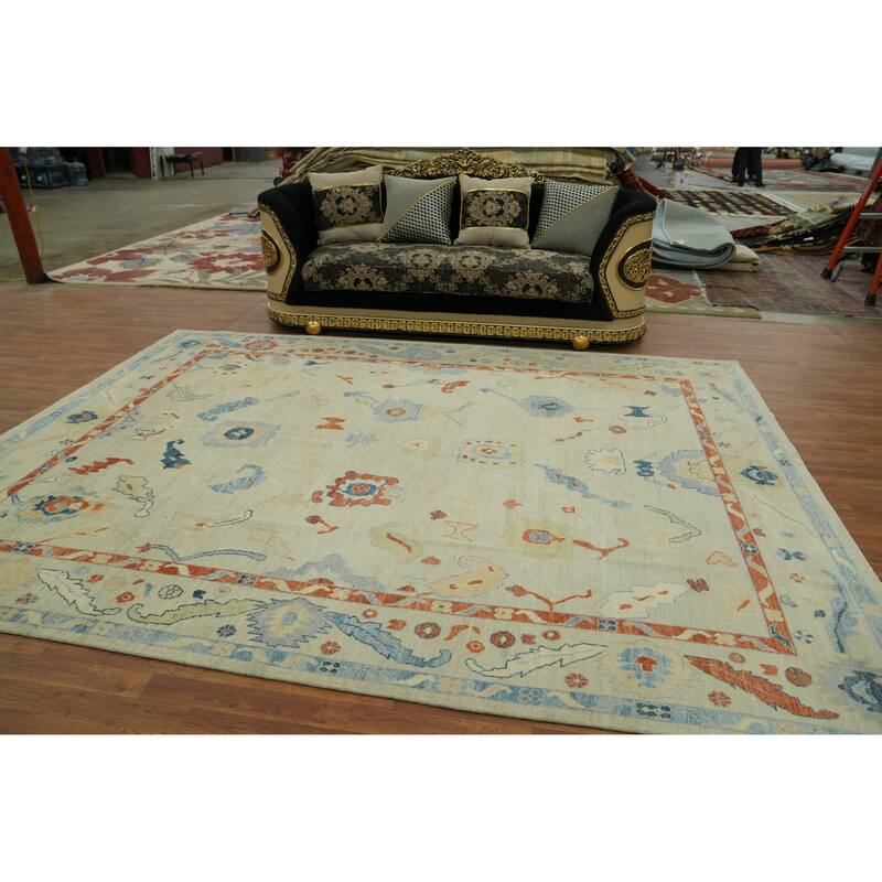 Handmade Wool Oushak Vegetable Dye Area Rug, Floral Geometric Carpet - 11' 8'' X 8' 9''