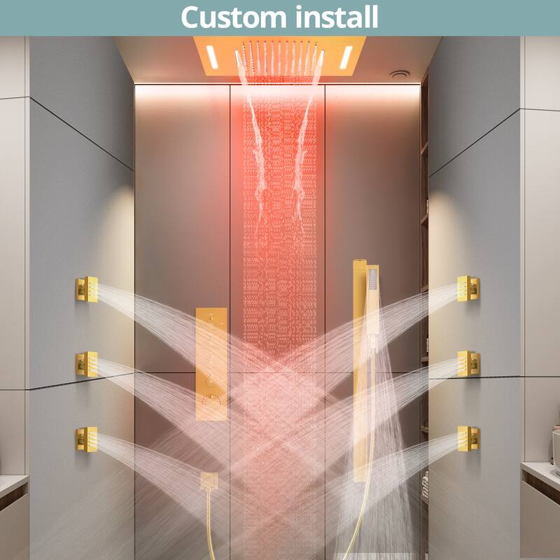64 LED Thermostatic Shower Faucet 22"x15" Rainfall & Waterfall Shower System 5 Way Digital Display Valve w/ 6 Body Jets
