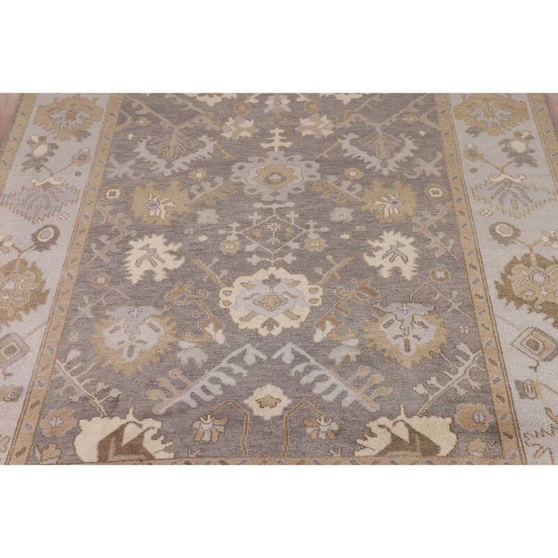 Gray Oushak Indian Area Rug Hand-Knotted Floral Wool Carpet - 9'3"x 11'7"