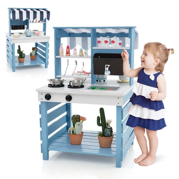 slide 2 of 11, Costway 2-In-1 Wooden Mud Kitchen with Canopy Removable Sink Water Box - See Details Blue + White - See Details