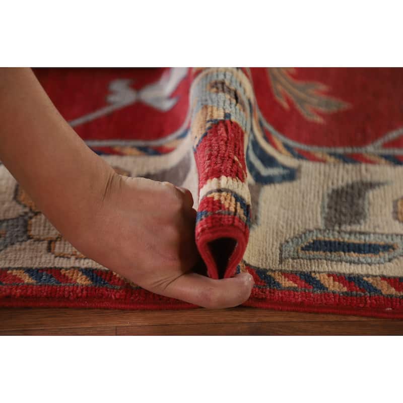 Hand Knotted Oriental 100% Wool Carpet Traditional Geometric Red Kazak Area Rug - 9' 10'' X 6' 10''