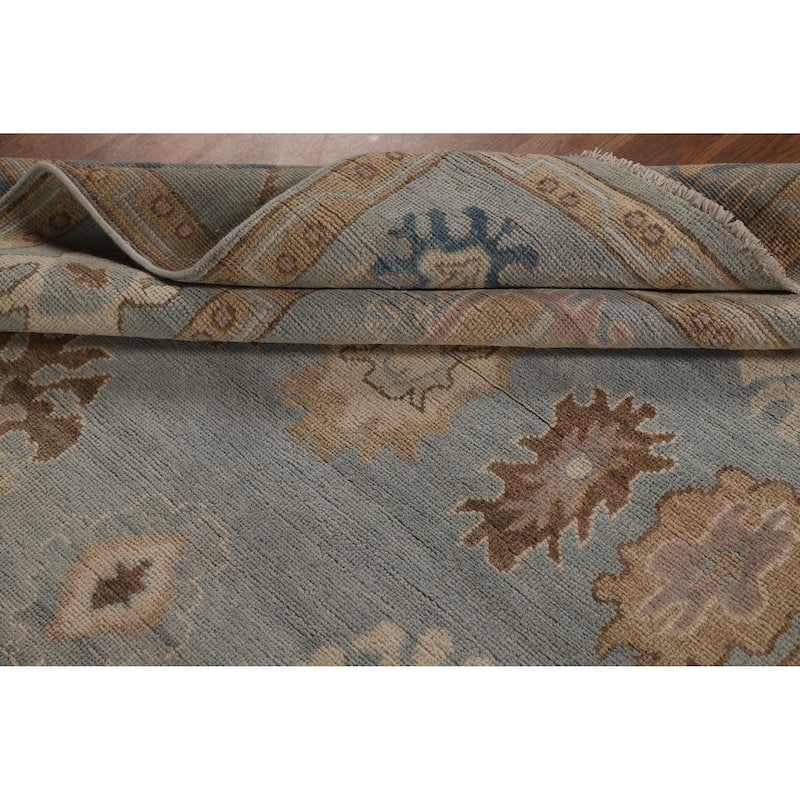 Geometric Blue Vegetable Dye Oushak Turkish Hand-Knotted Wool Carpet - 5'5"x 7'7"