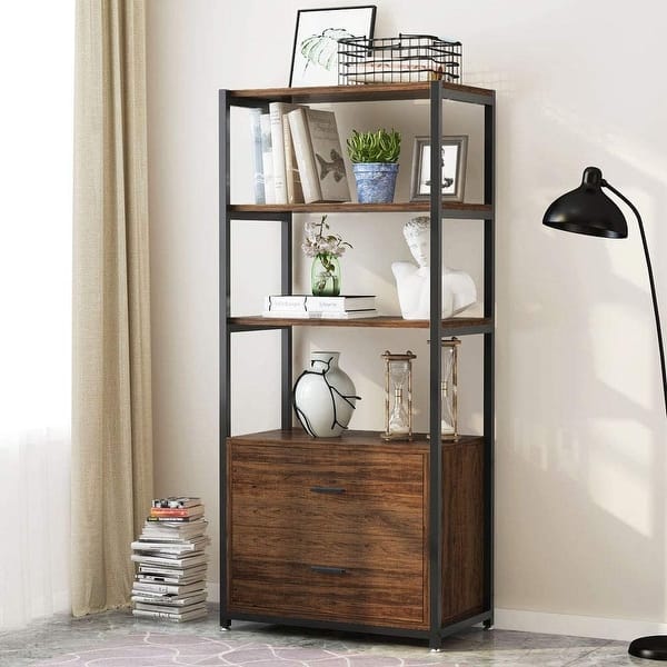 slide 2 of 28, 4-Tier Rustic Bookcases with 2 Drawers, Etagere Standard Book Shelves Display Shelf for Home Office