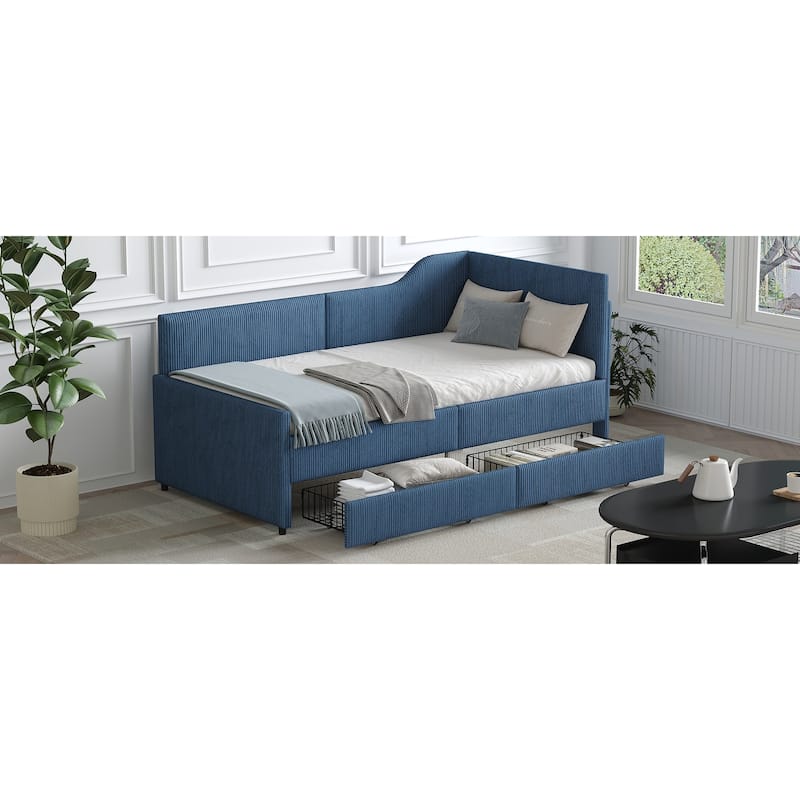 L-Shaped Twin Daybed with Storage Drawers, Corduroy Upholstered Frame, Blue