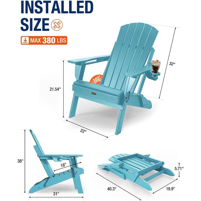 WINSOON All Weather HDPE Outdoor Folding Adirondack Chair With Cup Holder