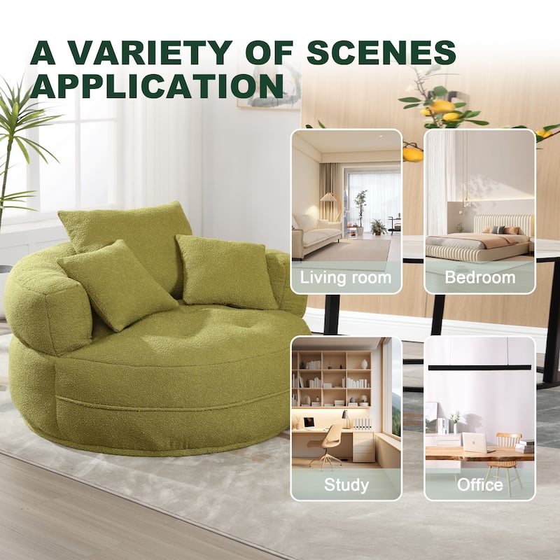 Boucle Upholstered Tufted Barrel Accent Living Room Chair With Toss Pillows