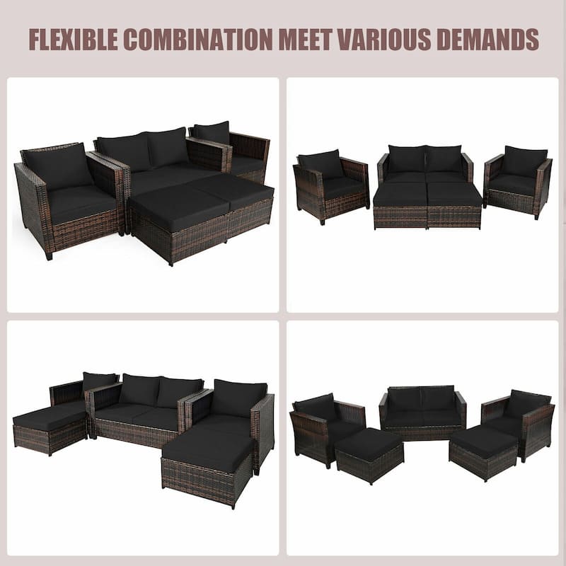 5 Pieces Patio Cushioned Rattan Furniture Set - 50" x 30.5" x 29" (L x W x H)