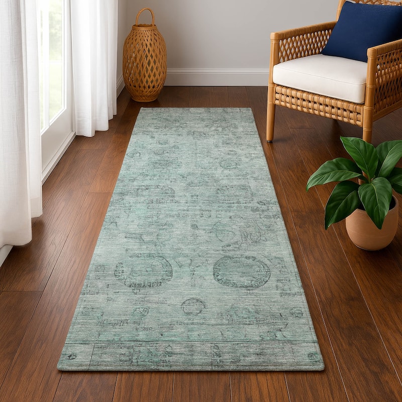 Premium Washable Super Soft Vintage Traditional Mayfield Rug - Aqua - 2'3" x 7'6"