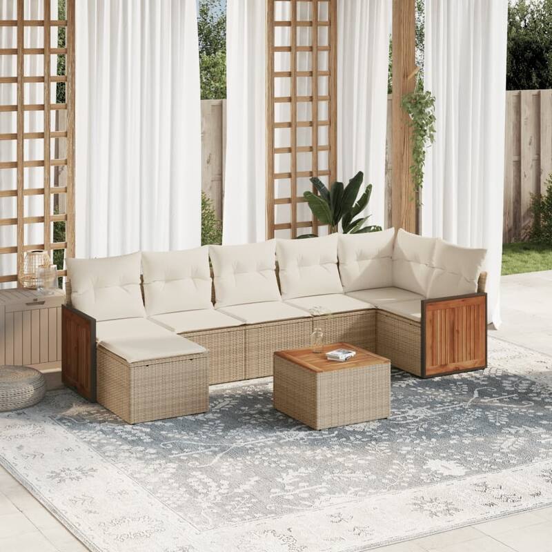 vidaXL Patio Sofa Set with Cushions Outdoor Conversation Furniture Poly Rattan - Beige and Cream-With table - 21.7 x 21.7 x 14.6
