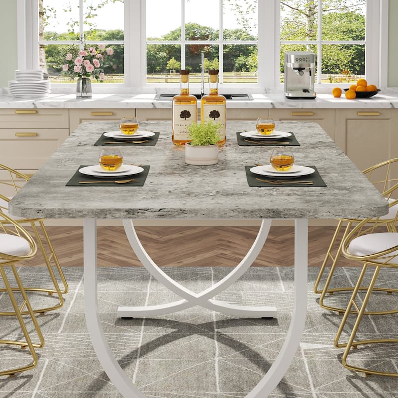 Rectangular Dining Table for 4 to 6, 63 Inch Modern Kitchen Table with Faux Marble Table Top and Metal Legs