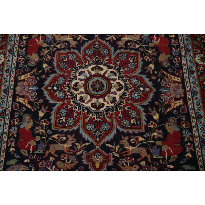 Hand Knotted Oriental 100% Wool Carpet Traditional Floral Navy Blue & Blues Kashan Area Rug - 4' 11'' X 3' 6''
