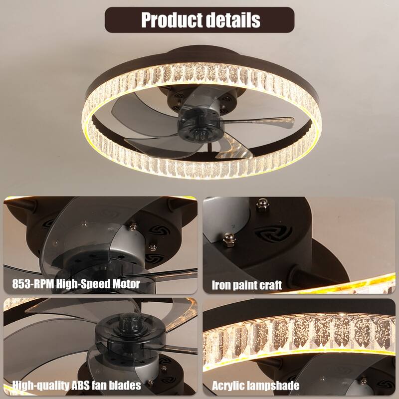20" Dimmable LED Ceiling Fan 6 Speeds with Light and Remote Control