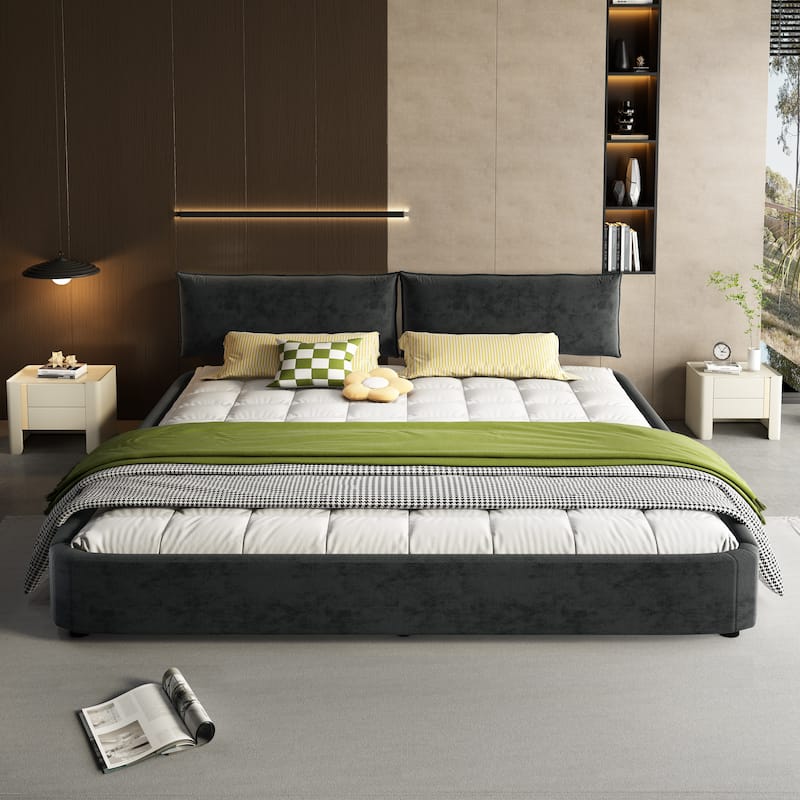 King Size Cloud Bed Frame with Oversized Padded Movable Headboard, Chenille Upholstered Bed with Round Corner