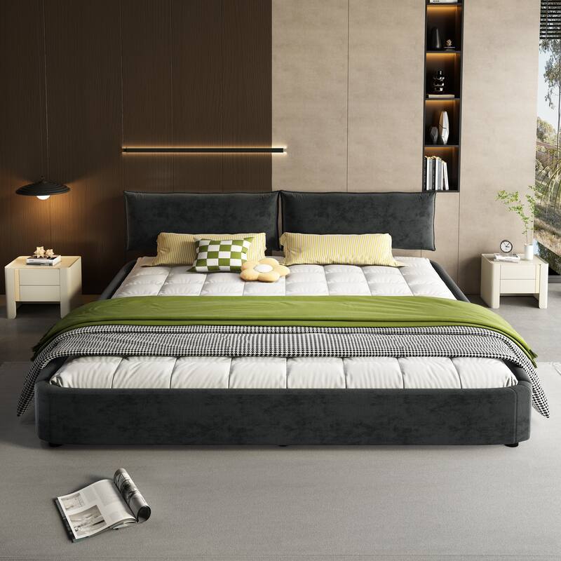 Low Profile King Size Cloud Bed Frame with Movable Headboard, Chenille Platform Bed with Metal/Solid Wood Slat Double Support