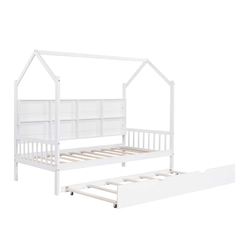 Wood Kids Bed Frame Storage Headboards Bed House Bed with Pull-out Trundle Bed, Wood Slat Support Platform Bed
