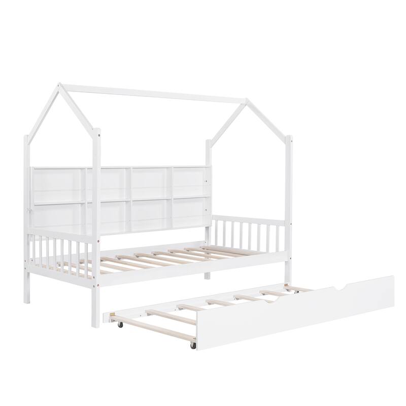 White Twin Size House Bed with Trundle and Shelf for Kids, Space-Saving Design, Semi-Enclosed Play Area