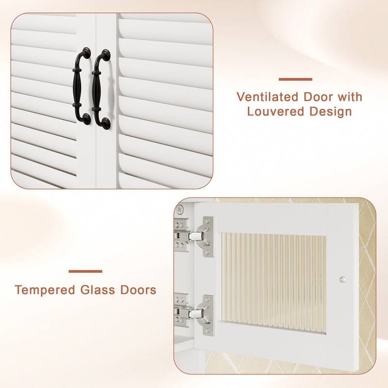 Water-Resistant MDF Bathroom Vanity with Louvered Doors, Tempered Glass Top Cabinet, and Decorative Hardware