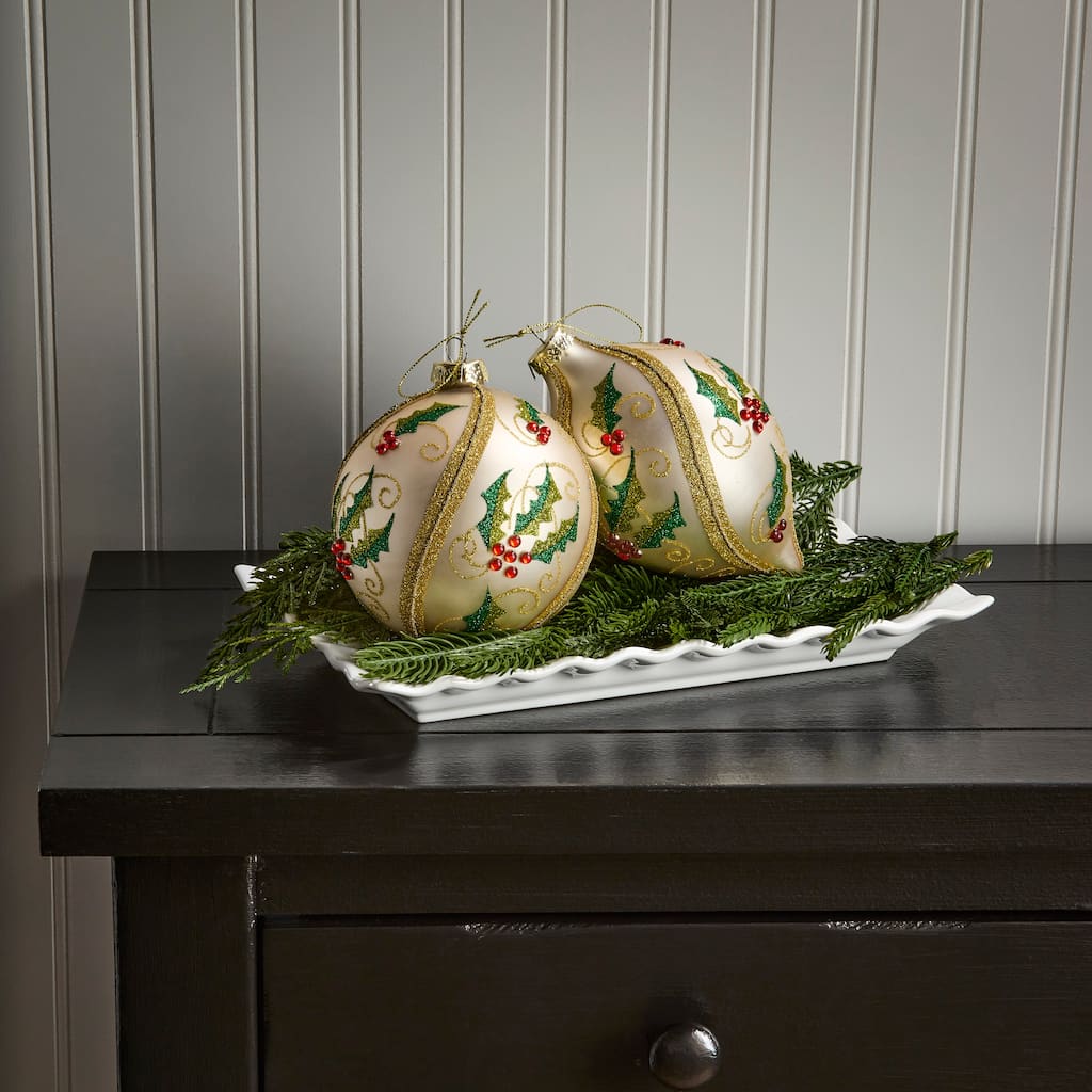 5-7" Glass Holly Ball and Finial Ornament set of 6