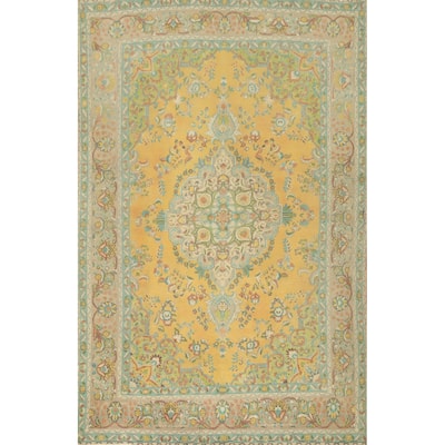 Hand Knotted Oriental 100% Wool Carpet Traditional Floral Yellow & Gold Tabriz Area Rug - 9' 6'' X 6' 7''