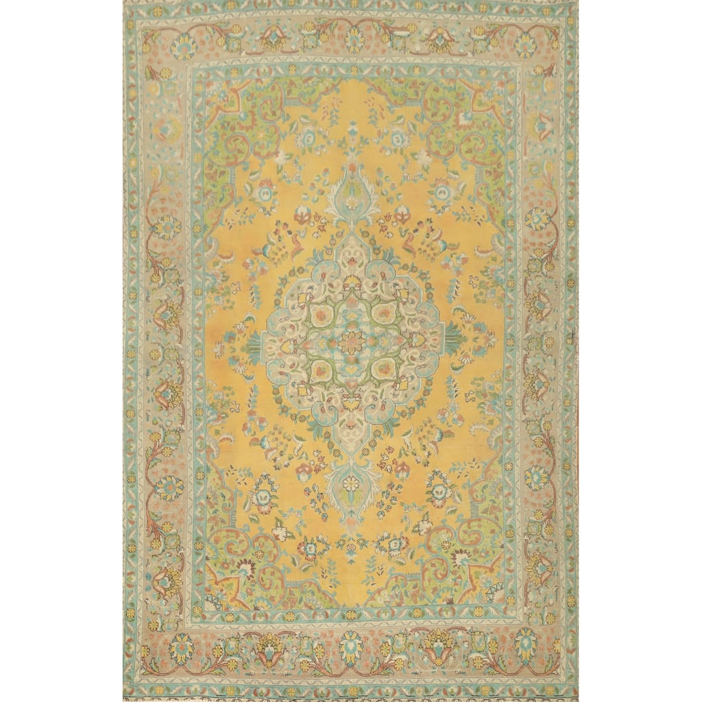 Hand Knotted Oriental 100% Wool Carpet Traditional Floral Yellow & Gold Tabriz Area Rug - 9' 6'' X 6' 7''