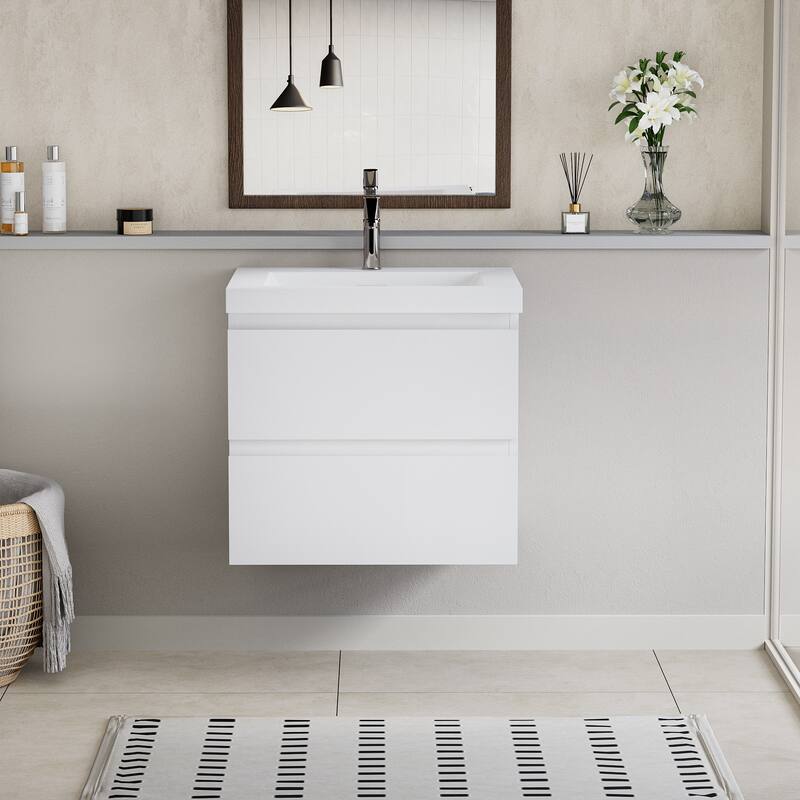 24" Wall-Mounted Floating Bathroom Vanity with Resin Sink, Soft Close Drawers, Natural Oak Cabinet, Pre-Assembled