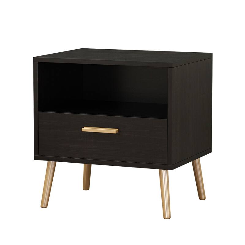 Premium 1-Drawer Black/White Nightstand with Shelf by Kerrogee - Black