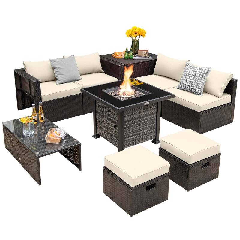 9 PCS Patio Furniture Set with 50,000 BTU Propane Fire Pit Table - Beige