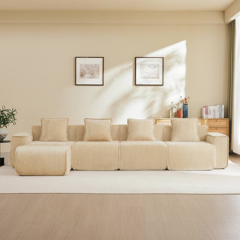 GDFStudio - Velvet Streamlined Modular 4-Seater 138.58" L-Shaped Sectional Sofa with Ottoman