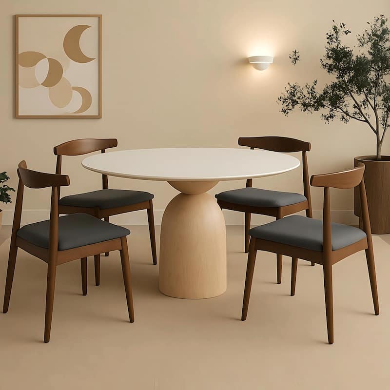 Mid Century Dining Room Chairs Set of 2, Wood and Fabric Upholstered Floor Dining Chairs