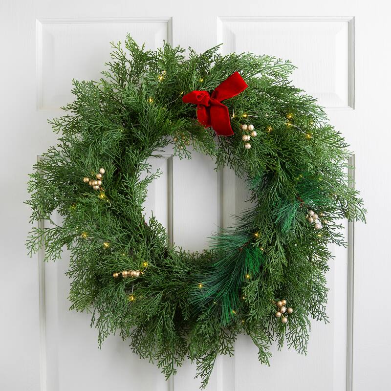 Real Touch™ Cedar and White Pine Artificial Christmas Wreath - 30" - Warm White LED