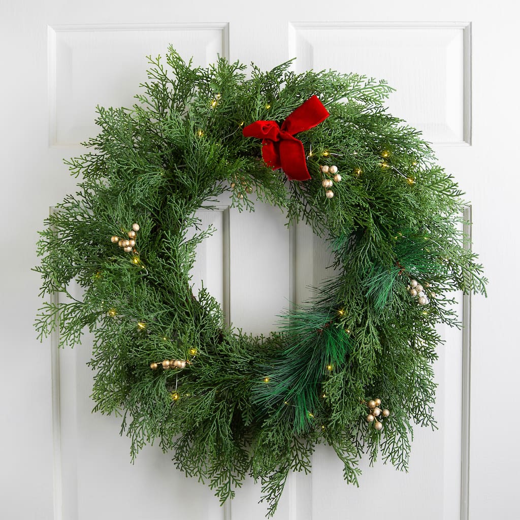 Real Touch™ Cedar and White Pine Artificial Christmas Wreath - 30" - Warm White LED