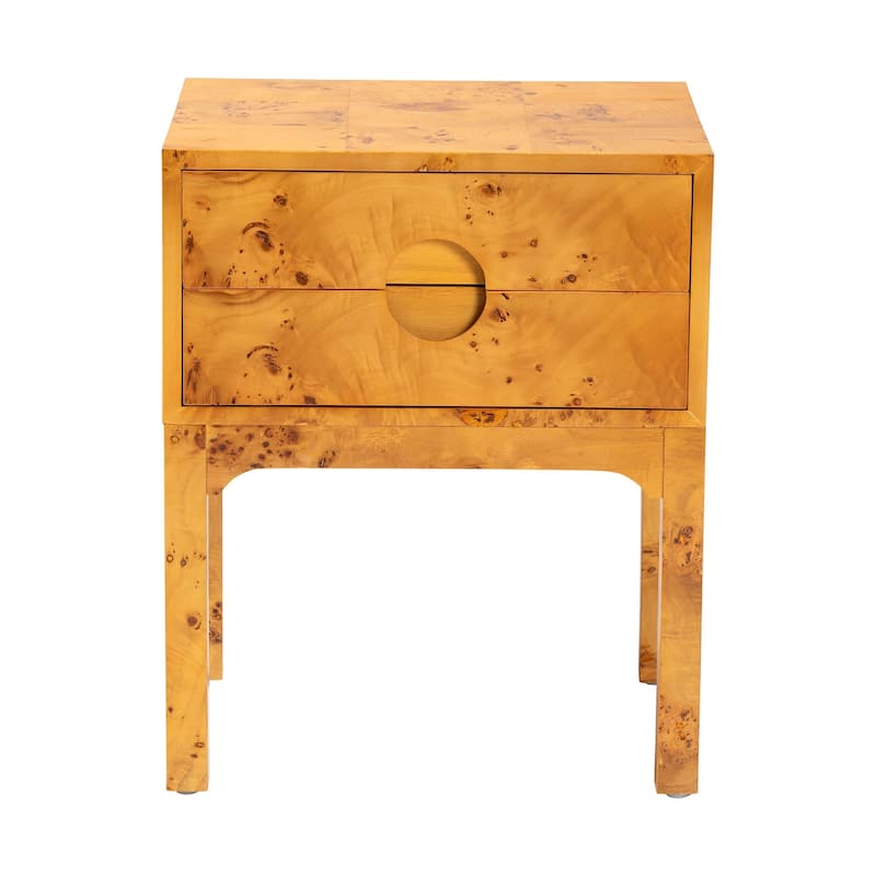 Kayla Modern and Contemporary Natural Light Mappa Real Burl Wood 2-Drawer Nightstand