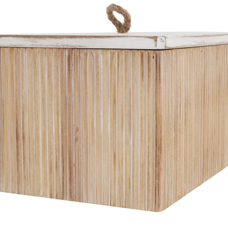 Wooden Washed Ribbed Storage Box with White Lids and Rope Handles - Set of 2 Brown - Roche River Decor