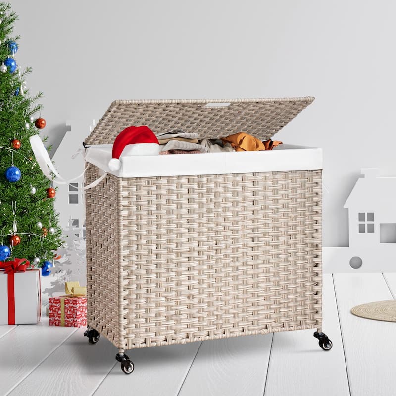 Laundry Hamper with Wheels, 160L Rattan Hampers & 2 Removable Liner Bags, Laundry Basket with Lid - 27"Lx 13.38"W x 26.18"H