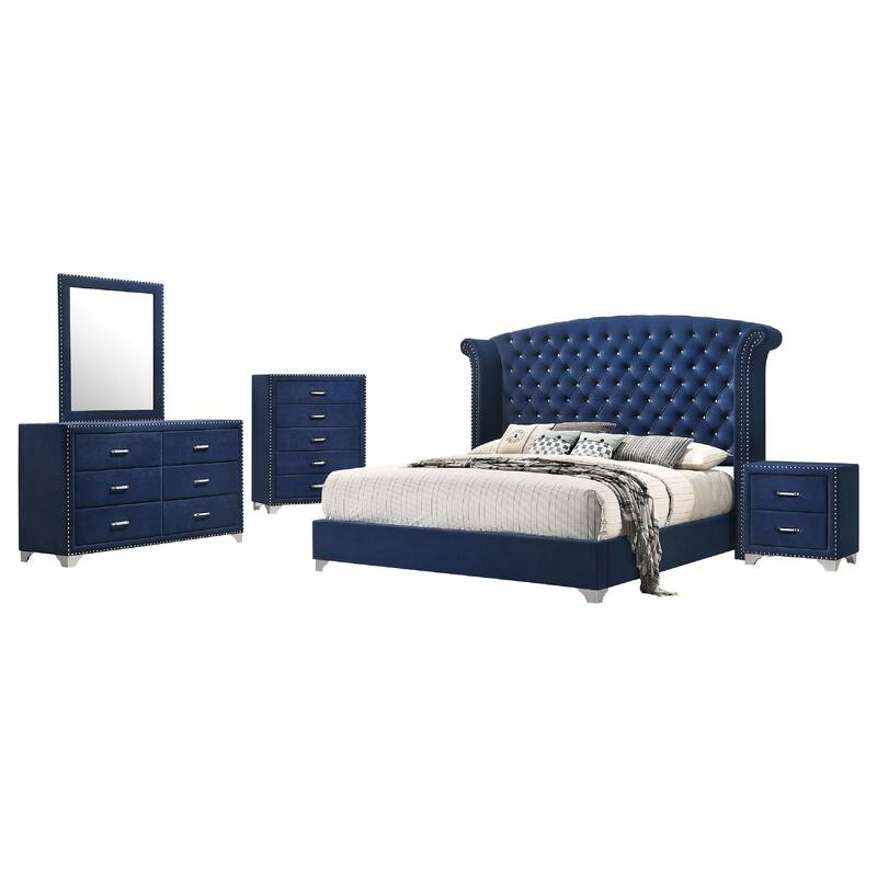 Giya 5pc Queen Bedroom Set, Classic Tufted Dark Blue Velvet Upholstery