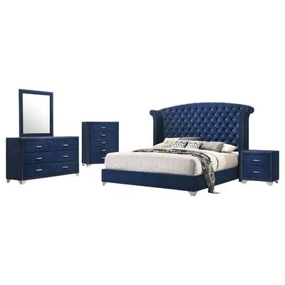 Giya 5pc Queen Bedroom Set, Classic Tufted Dark Blue Velvet Upholstery