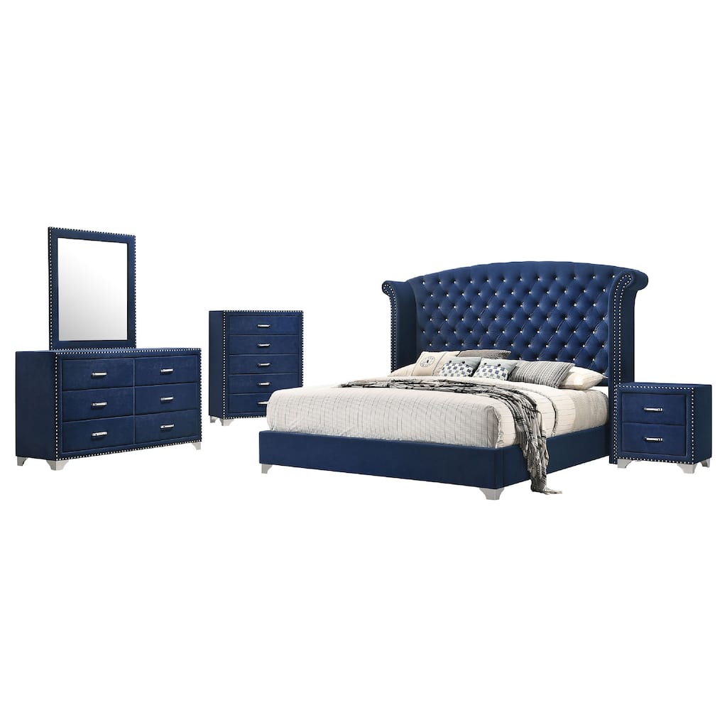 Giya 5pc Queen Bedroom Set, Classic Tufted Dark Blue Velvet Upholstery