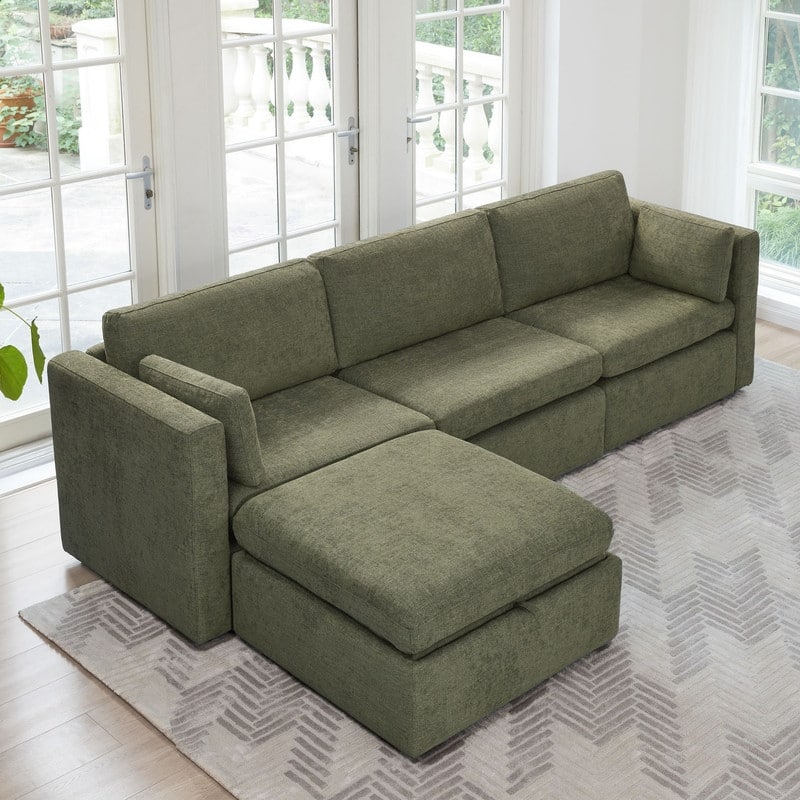 Celia Oversized Modular Sectional Fabric Sofa Set - Green-4 Pcs