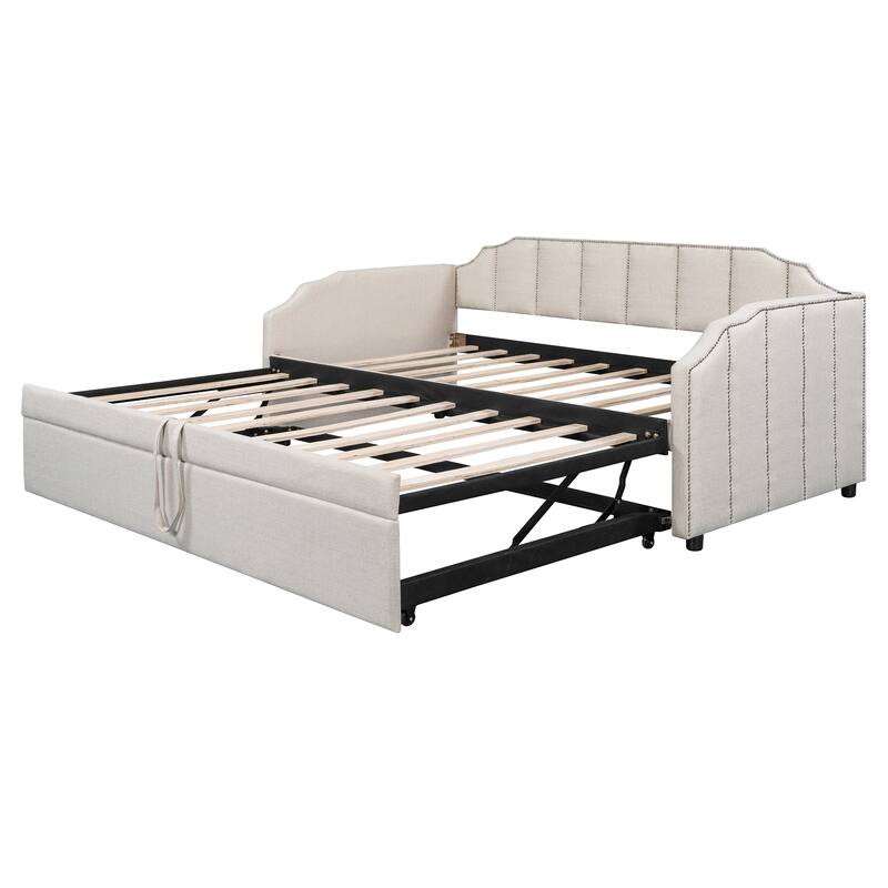 Twin Size Upholstered Daybed with Pop-Up Trundle & USB Charging Ports